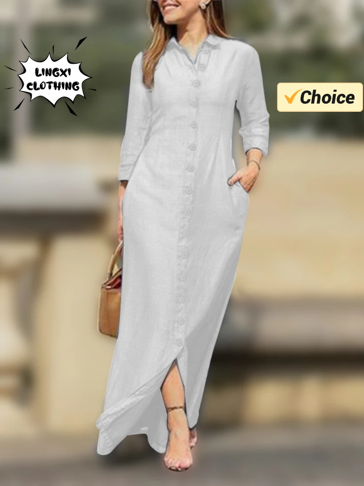 Summer Fashion Women's New Product Dress Solid Color Elegant Tall Single Item Button Cotton Linen Solid Color Casual Robe