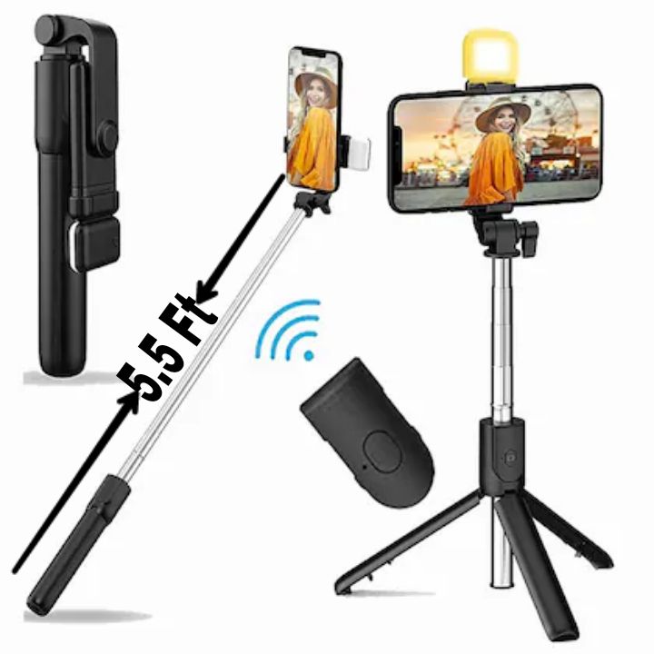 5.5 Feet Long Bluetooth Selfie Stick with Tripod and Light 4-in-1 Adjustable Monopod - image 1