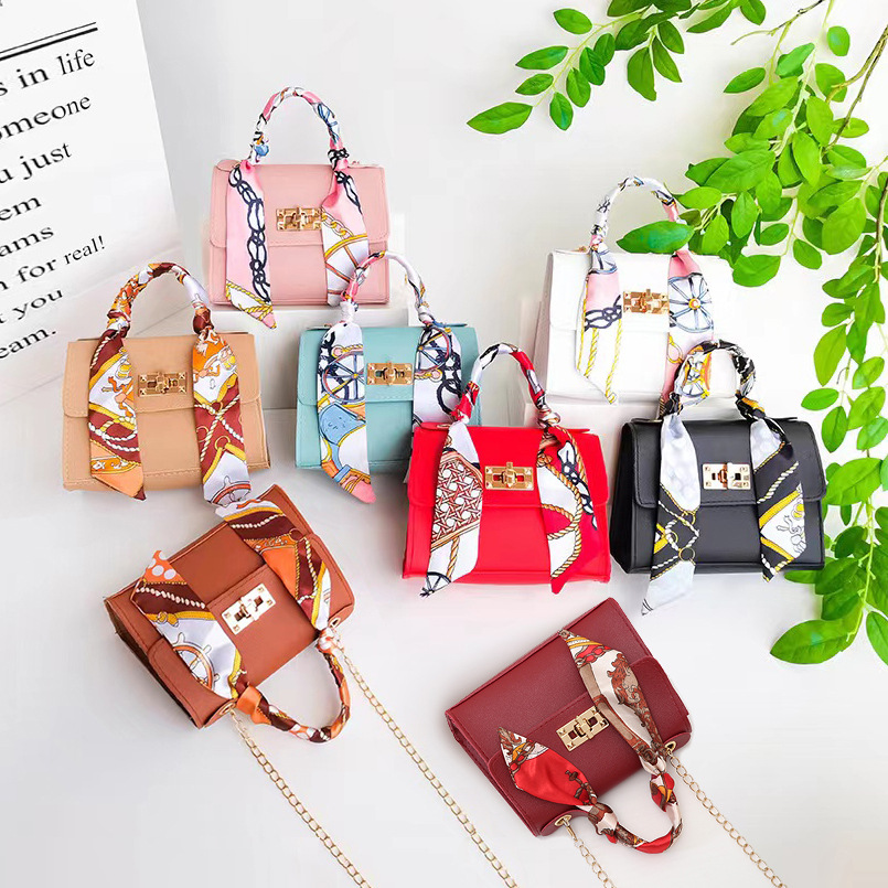 Women's fashionable simple solid color handbag design silk scarf mini chain single shoulder