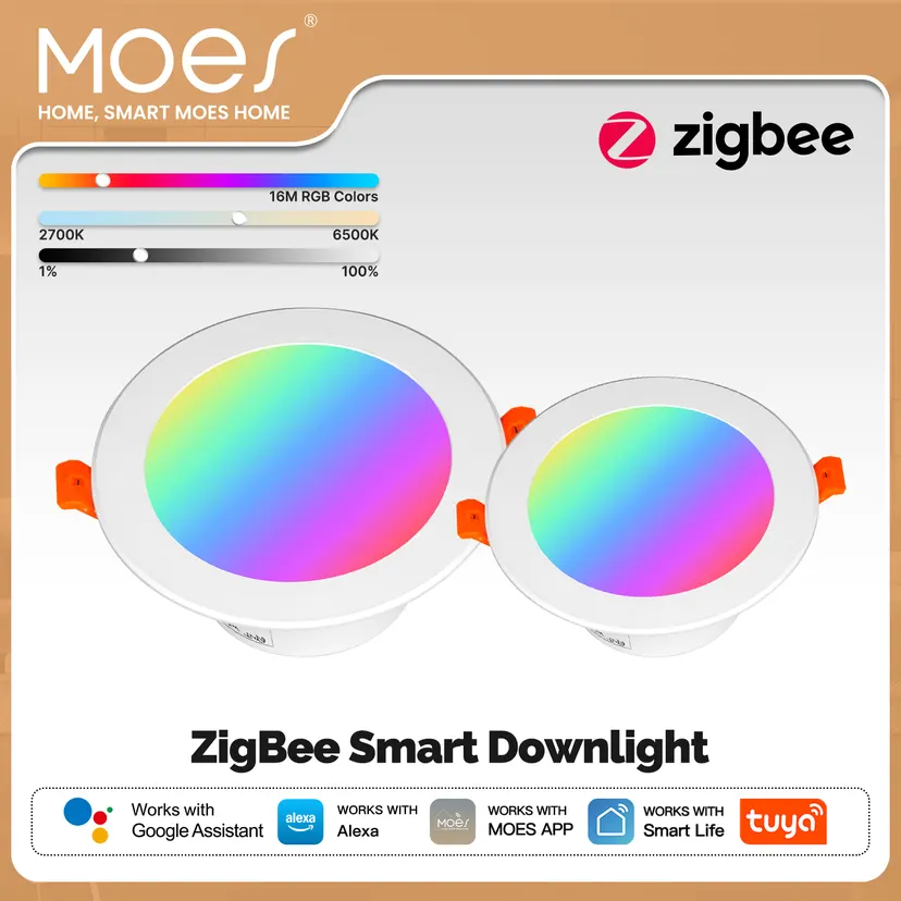 MOES Tuya ZigBee Smart LED Downlight Round Spotlights 9W/12W RGB Color Dimming Lamp Works with Alexa Home