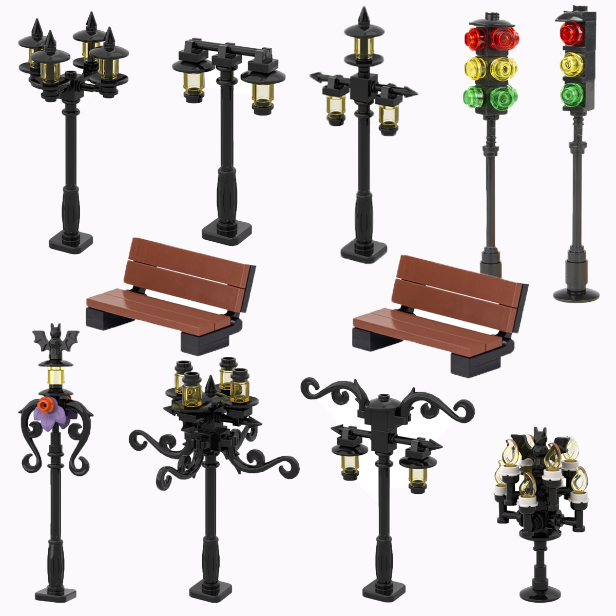 City Series Street Light MOC Building Blocks DIY Assemble Street Lamp Halloween Bat Lamp Model Parts Bricks Toys