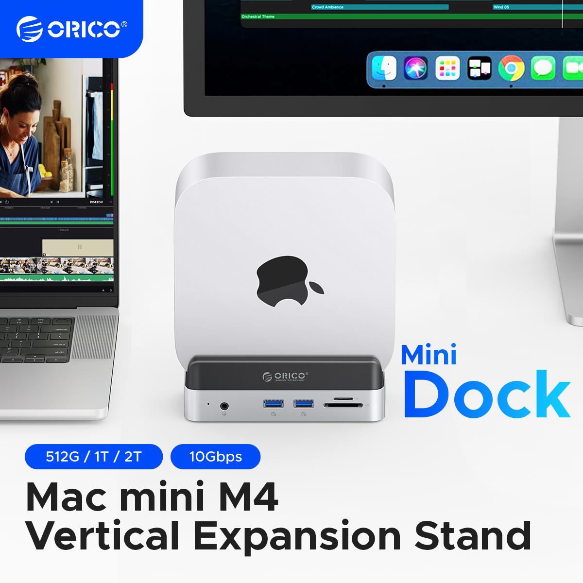 ORICO Storage Expansion Dock for Mac Mini M4&M4 Pro Stand USB3.2 Gen2 Type C Dock with 512G 1T 2T 4T M.2 SSD Options