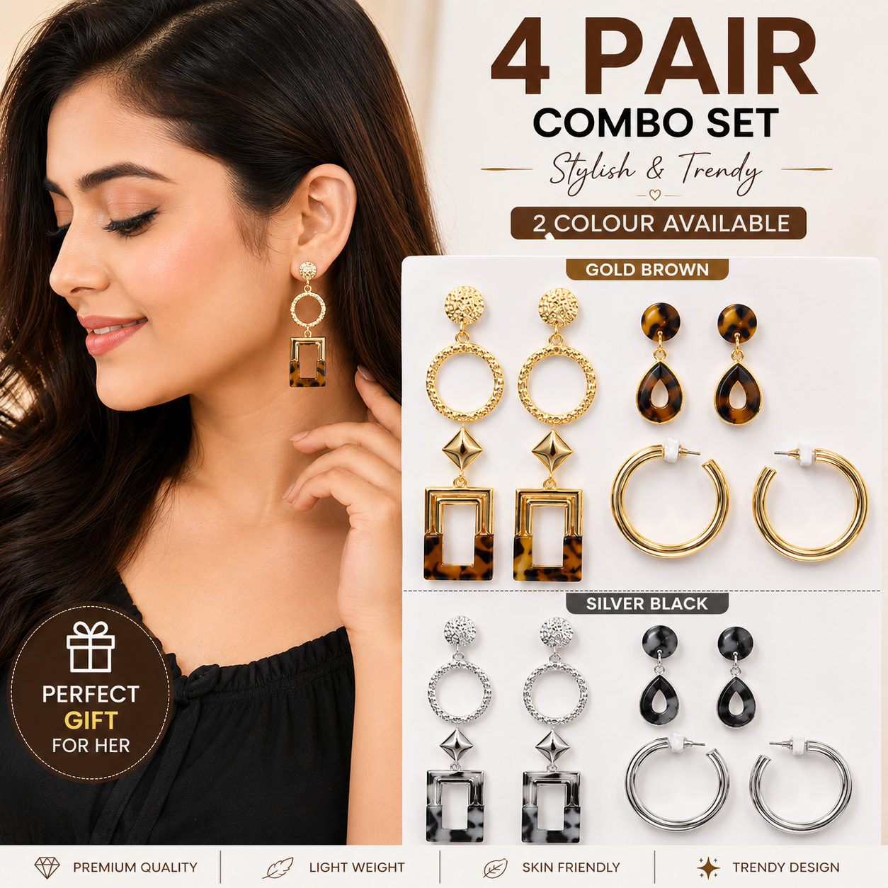 4 Pair Women's Geometric Hoop & Drop Earrings Combo Set | 2 Colours Available (Gold & Silver)