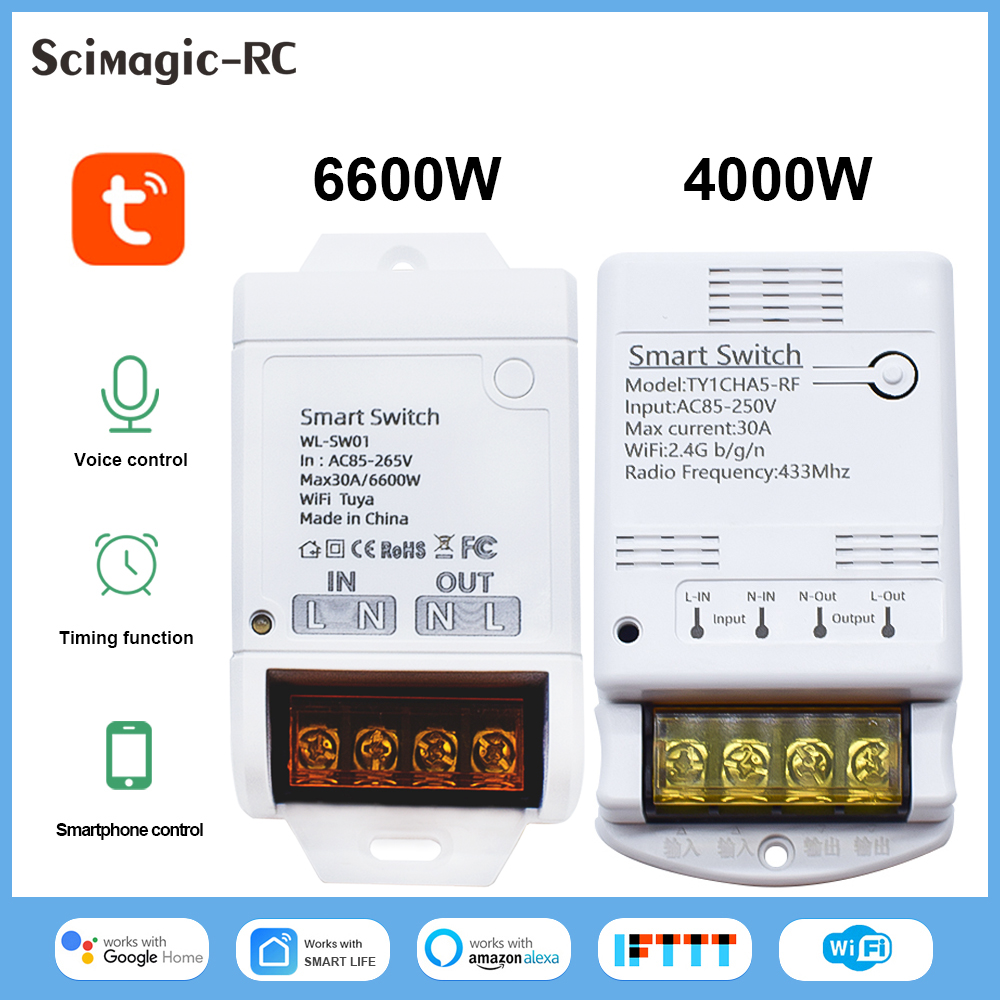 Tuya WiFi Smart Switch 30A 6600W/4000W AC 85-250V Motor Controller Home Automation Relay Smart Light Module Alexa Home lightify