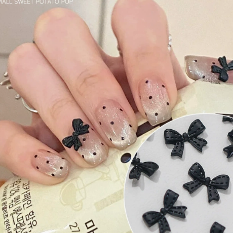 New Ribbon Bow Nail Art Accessories Black Dot Butterfly Bow Kont Bow Tie Nail Charms Flatback Resin Nail Rhinestones Decorations