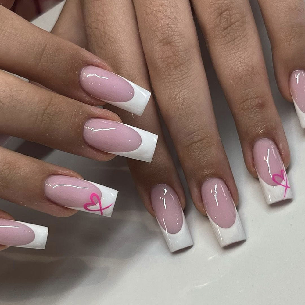 24PCS White French Edge Mid Length Square False Nails With Heart Design Fully Covered With Acrylic False Nails