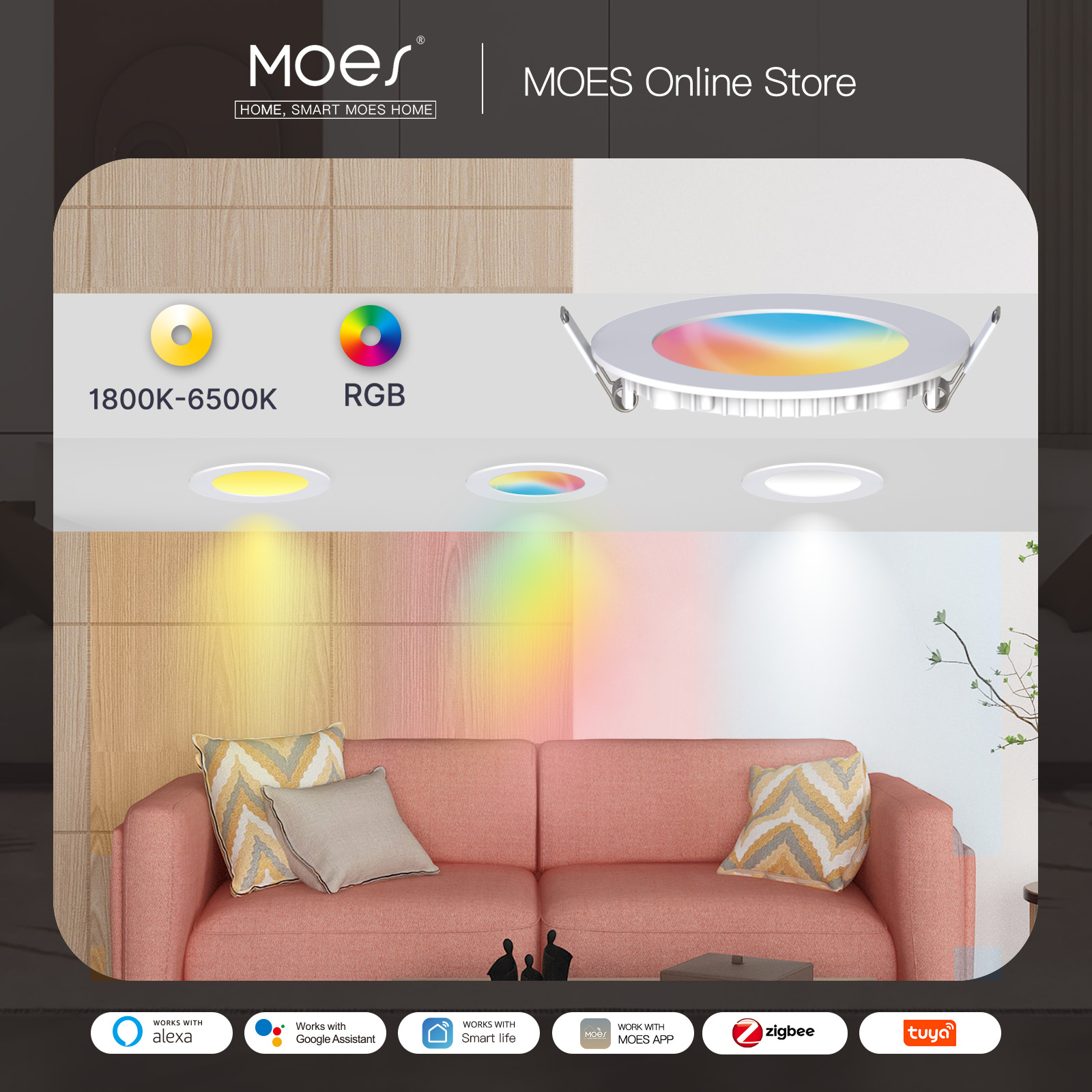MOES ZigBee Downlight TuyaUltra thin tube lamp Spot Lamp 6W RGB Change Warm Cool Light Work with Alexa Home Smart Life