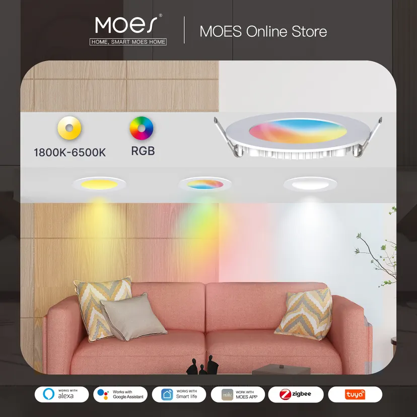 MOES ZigBee Downlight Tuya Thin Dimming Spot Lamp 6W RGB Change Warm Cool Light Work with Alexa Home Smart Life In Party