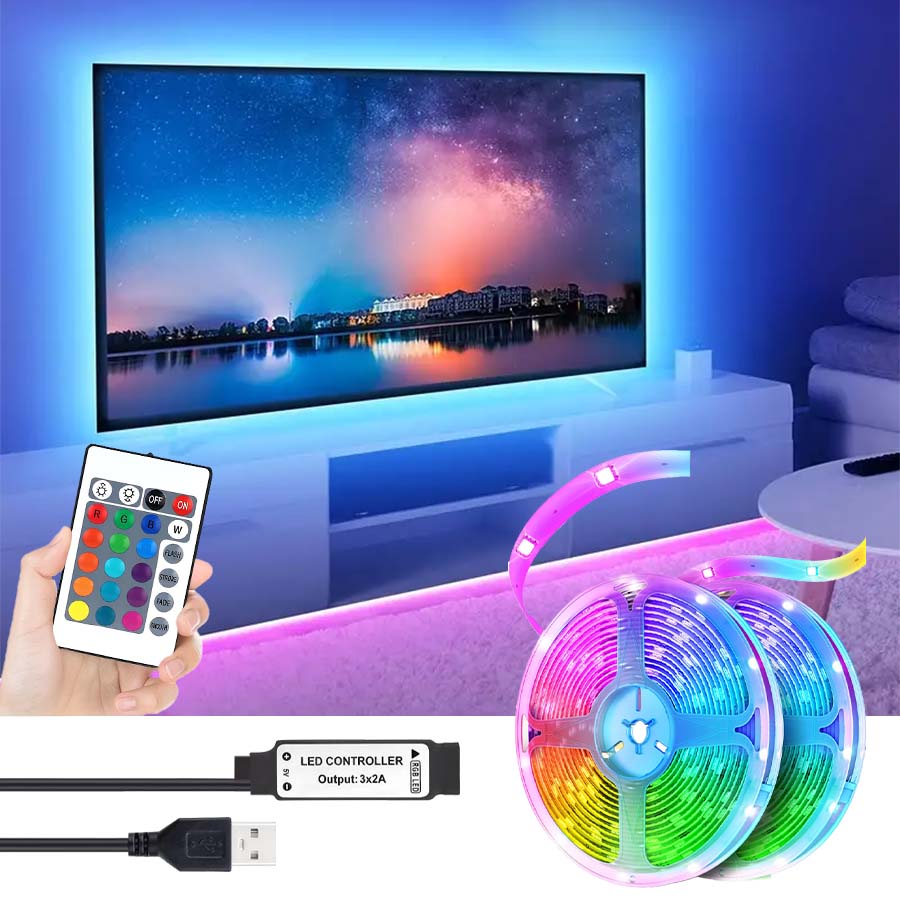 LED light strip, suitable for TV backlighting, with 24-key remote control, RGB color changing, multiple modes, suitable for bedr
