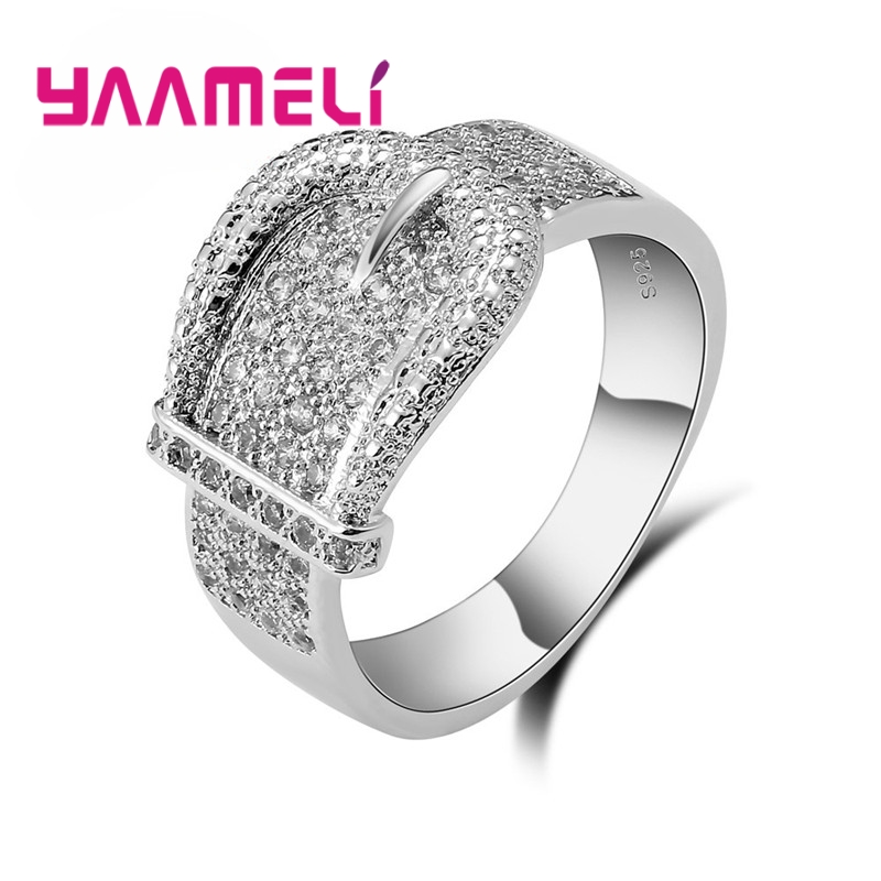 New Shiny 925 Serling Silver Color Belt Ring for Women Full Tiny Austrian Crystals Inlay Paved High Quality Hot Sale Jewelry