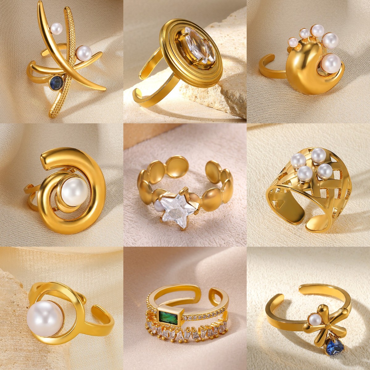 Exquisite Star-Shaped Zirconia Open Rings For Women Gold Color Stainless Steel Imitation Pearl Hollowed Out Rings Free shipping