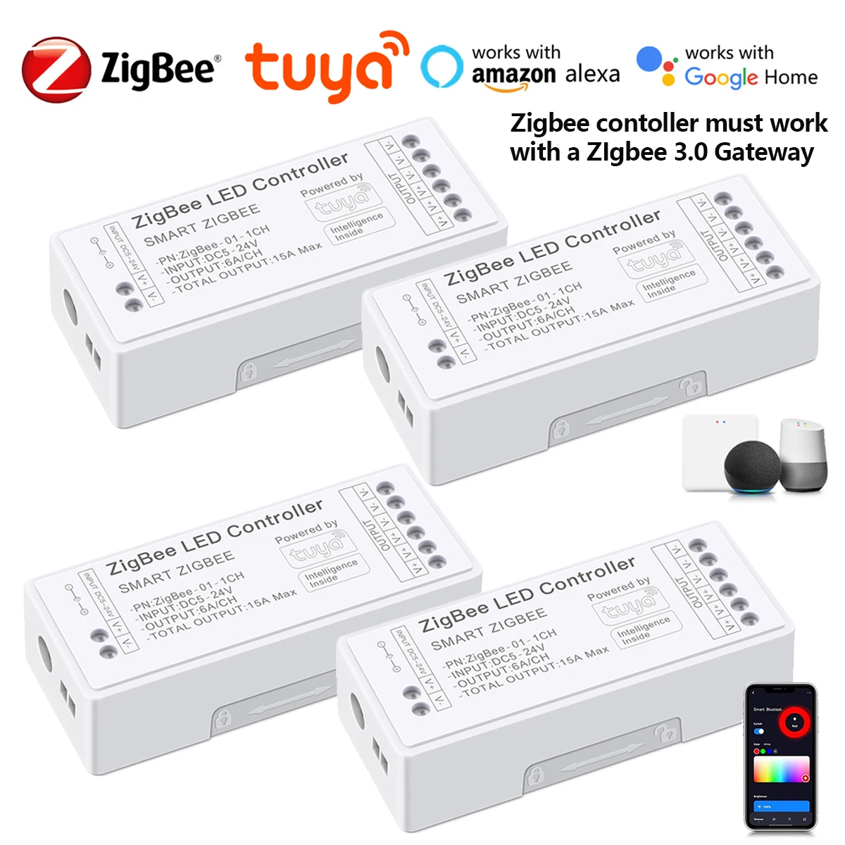 Zigbee LED Light Switch Dimmer 5-24V Single Color RGB CCT RGBW RGBCCT Compatible with Tuya Smart Life Requires Zigbee3.0 Geteay