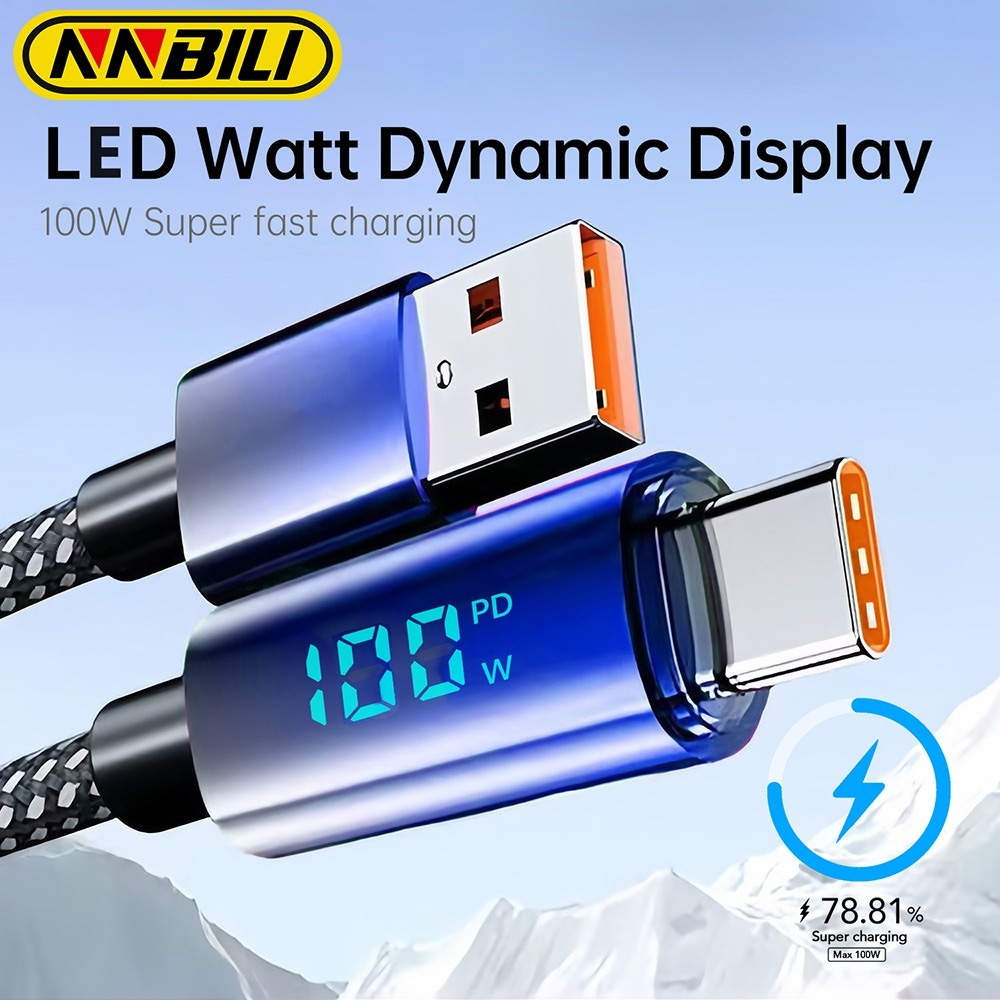 NNBILI 100W USB Type C Super Charging Cable LED Watt Digital Display Nylon Data Sync for iPhone 15 16 POCO