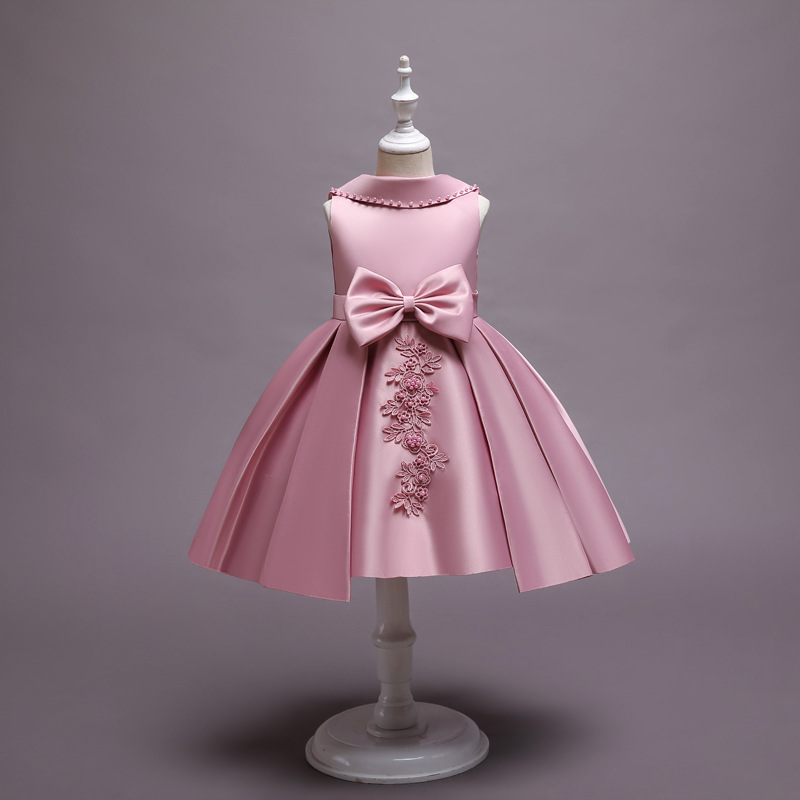 New Kid Sleeveless Dress Princess Bead Neckline Bow Dress Children Skirt Delicate Lace Trim Formal Wedding Party Girl Skirt