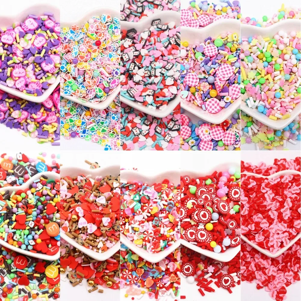 Valentines Love Heart Polymer Clay Sprinkles Pink Red Love Heart Clay Slices for Manicure New Year Nails Decor Accessories 20g