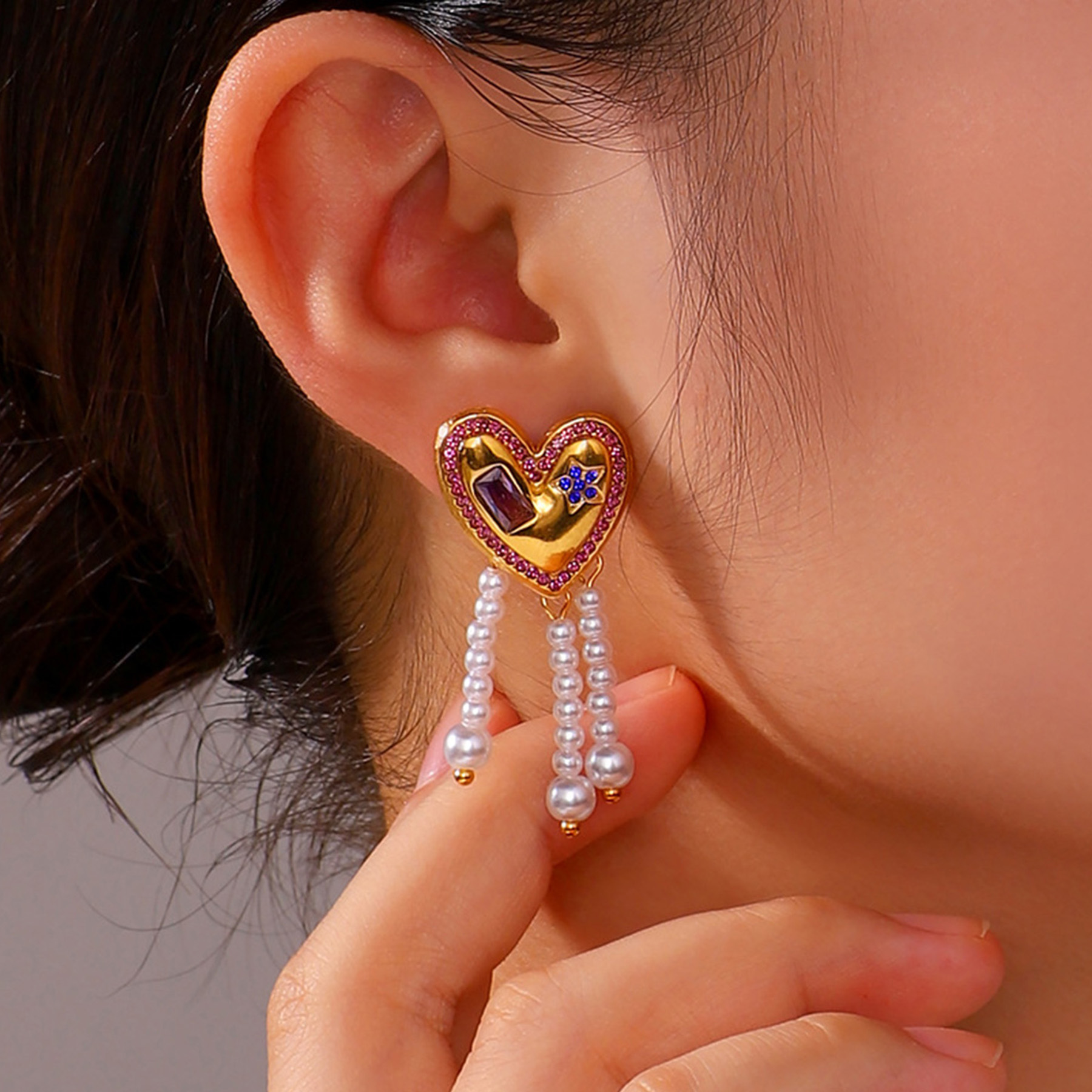 Fashion Design Long Drop Pentagram Earrings Cute Imitation Pearl Heart-shaped Tassel Earrings Girl Sweet Temperament Jewelry