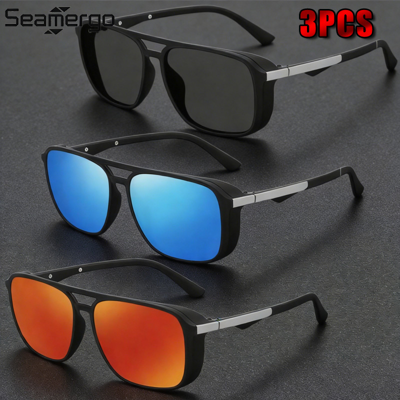 SEAMERGO 3PCS Large Frame Square Polarized Sunglasses Man High-end 2025 Ultraviolet-proof Travel Beach Women's Grade Glasses