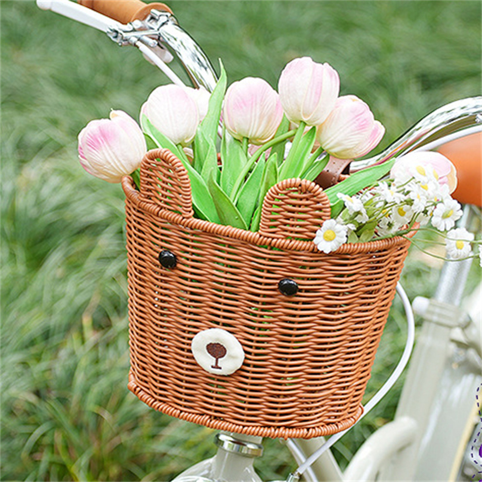 Vintage Woven Bicycle Front Basket for Balance Bike Retro Style Handmade Rattan Basket with Metal Bracket for Kids Bike Storage