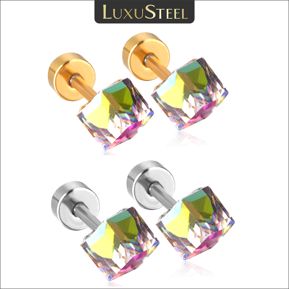 LUXUSTEEL 4MM Colorful Crystal Stud Earrings For Women Men Gold Color Stainless Steel Screw Pack Bling Party Jewelry