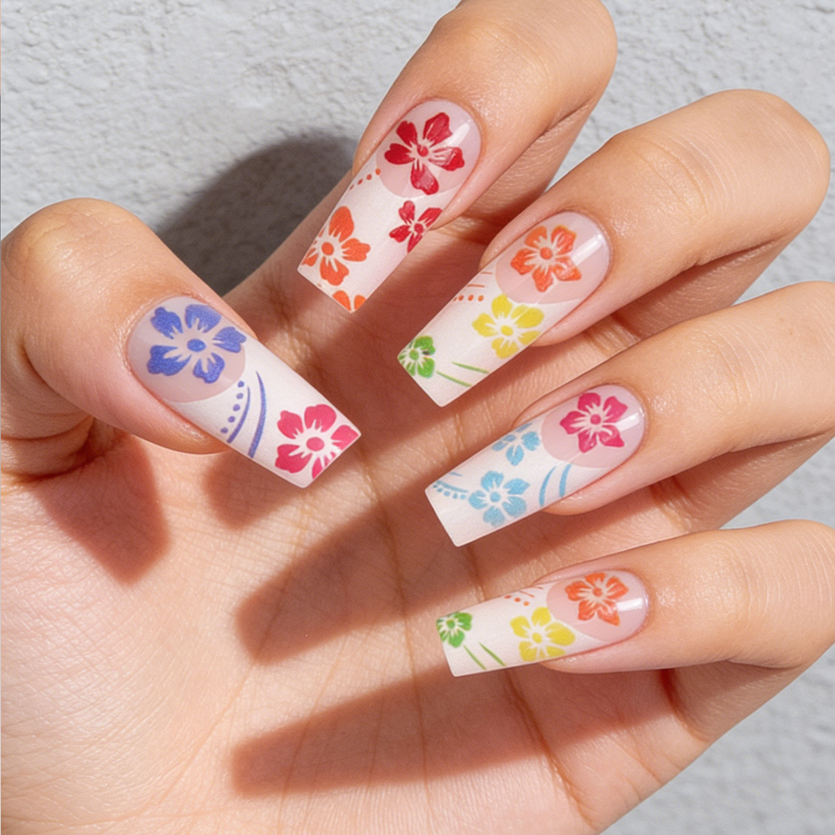 24pcs Press On Nails Long Coffin Colorful Flower Fake Nails Summer Y2K Kawaii Reusable False Nails