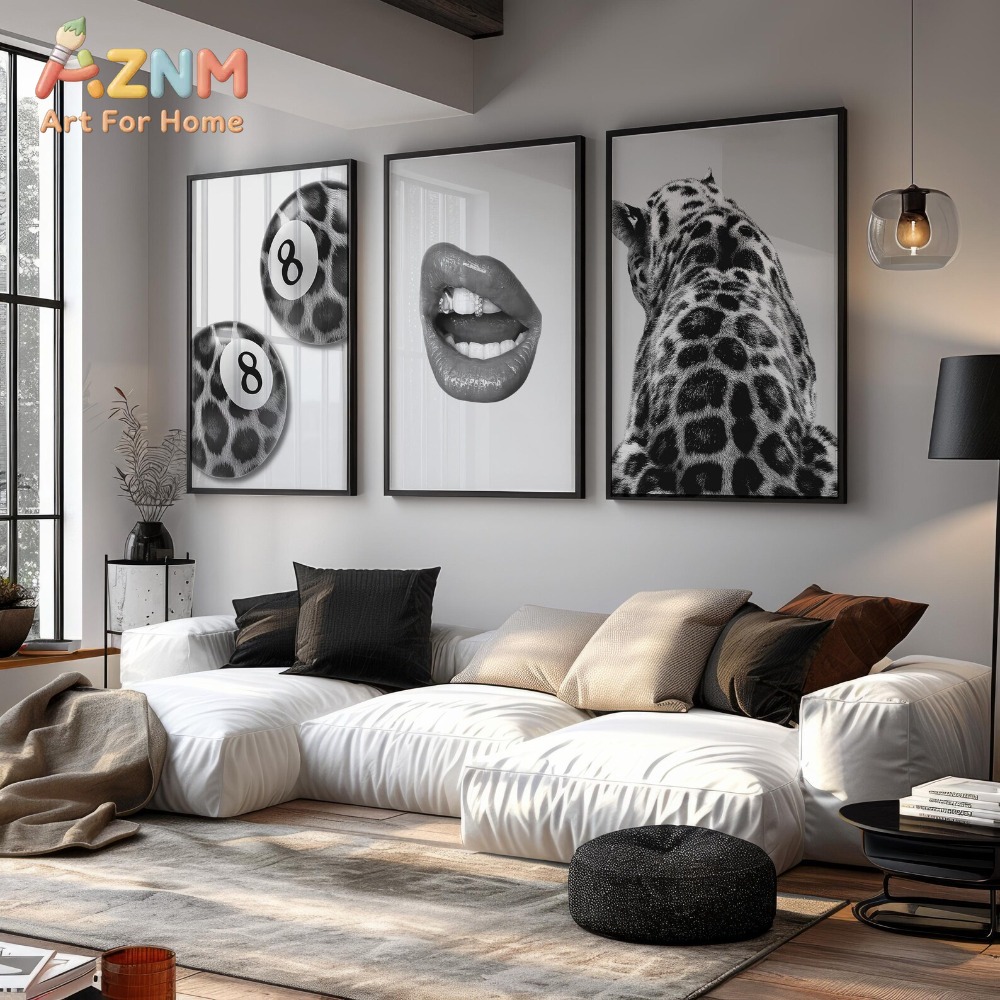 1Pc/3Pcs Y2K Black and White Leopard Lips No. 8 Ball Leopard Print Living Room Canvas Picture Frameless