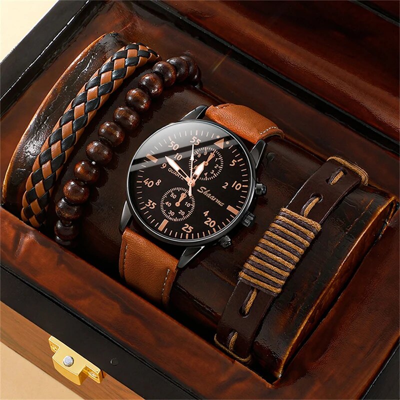 ( Not Specified/Not Specified ) New Man Watch Luxury Bracelet Set Fashion Business Brown Leather Quartz Wrist Watches for Man Gift Set Relogio Masculino Bles Online DZ-28A-42