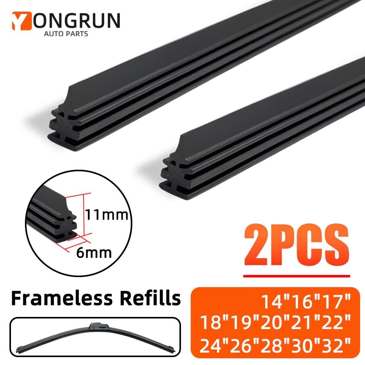 YONGRUN 2PCS Strip 6mm Car Windshield Wiper Boneless Strip Replacement 14"16"17"18"19"20"21"22"24"26"28"30"32"