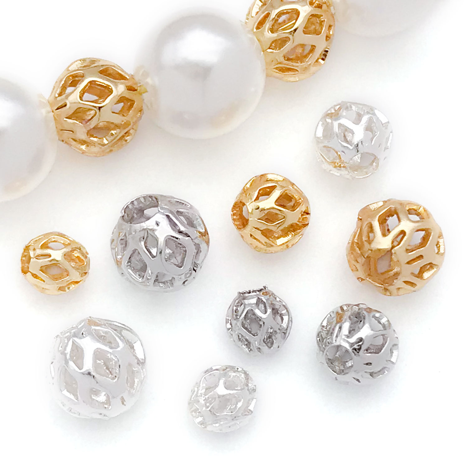 10pcs 18K Real Gold Plated Brass Hollow Design Spherical Spacer Beads, Round Beads For DIY Beading Jewelry Making Accessories