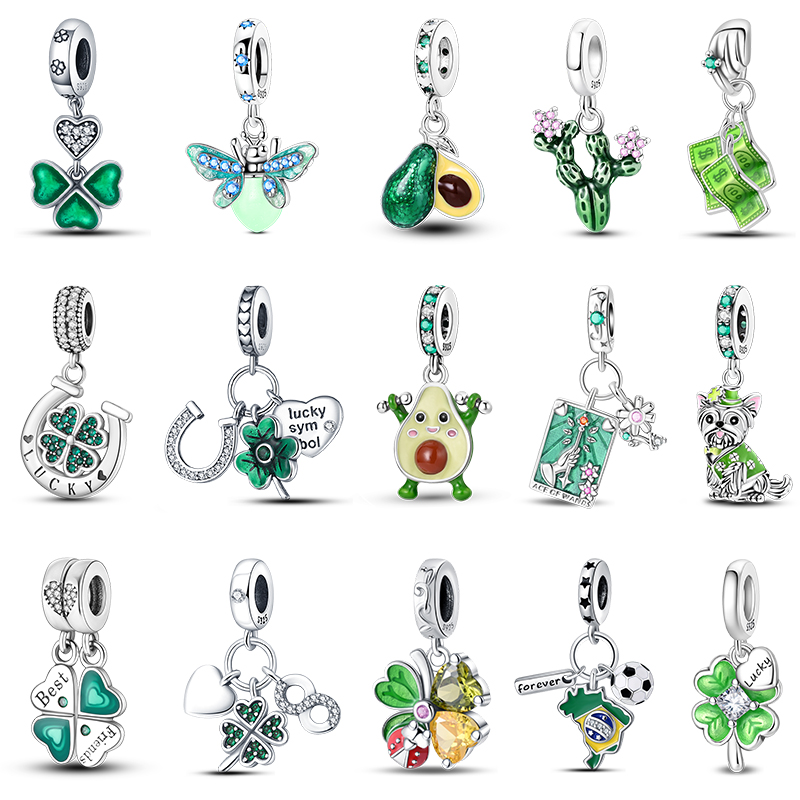 925 Silver Color Four-Leaf Clover Avocado Cactus Green Series Charms Beads Fit 3mm 925 Original Bracelet Fine DIY Jewelry