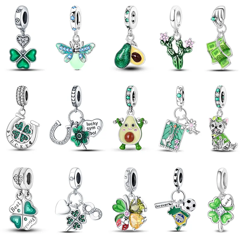 925 Silver Color Four-Leaf Clover Avocado Cactus Green Series Charms Beads Fit 3MM 925 Original Bracelet Fine DIY Jewelry