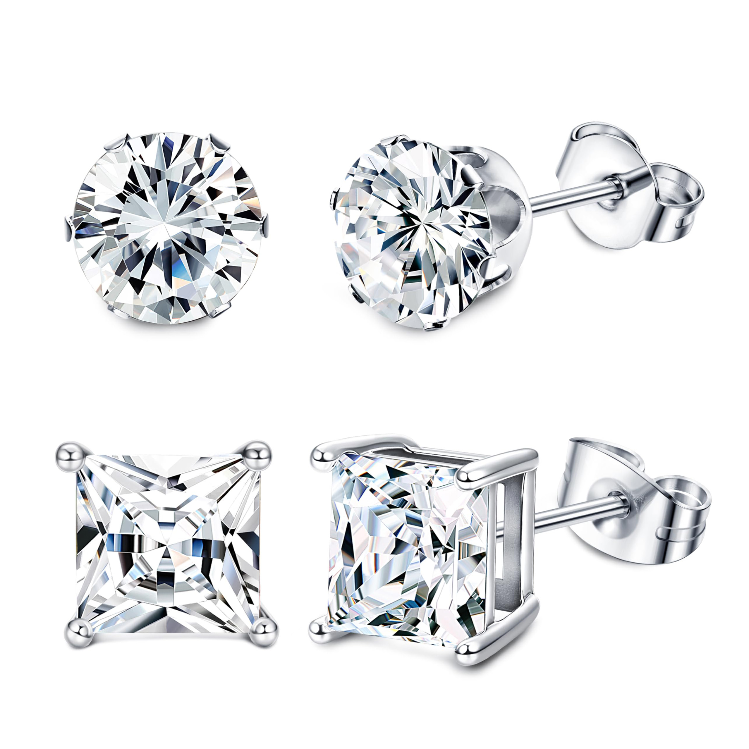 2 Pairs Hypoallergenic Stainless Steel Square Round Cubic Zirconia Stud Earrings for Men Women Ear Piercing Jewelry Size 4-8mm