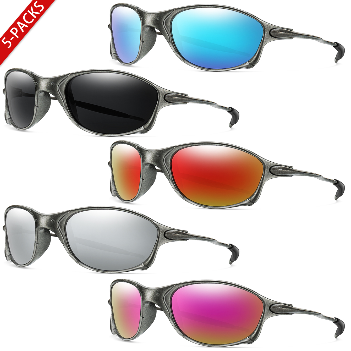 1 & 5 Pairs Pairs Unisex Fishing Sunglasses with Metal Frame UV Protection for Outdoor Sports Cycling Running Hiking Driving