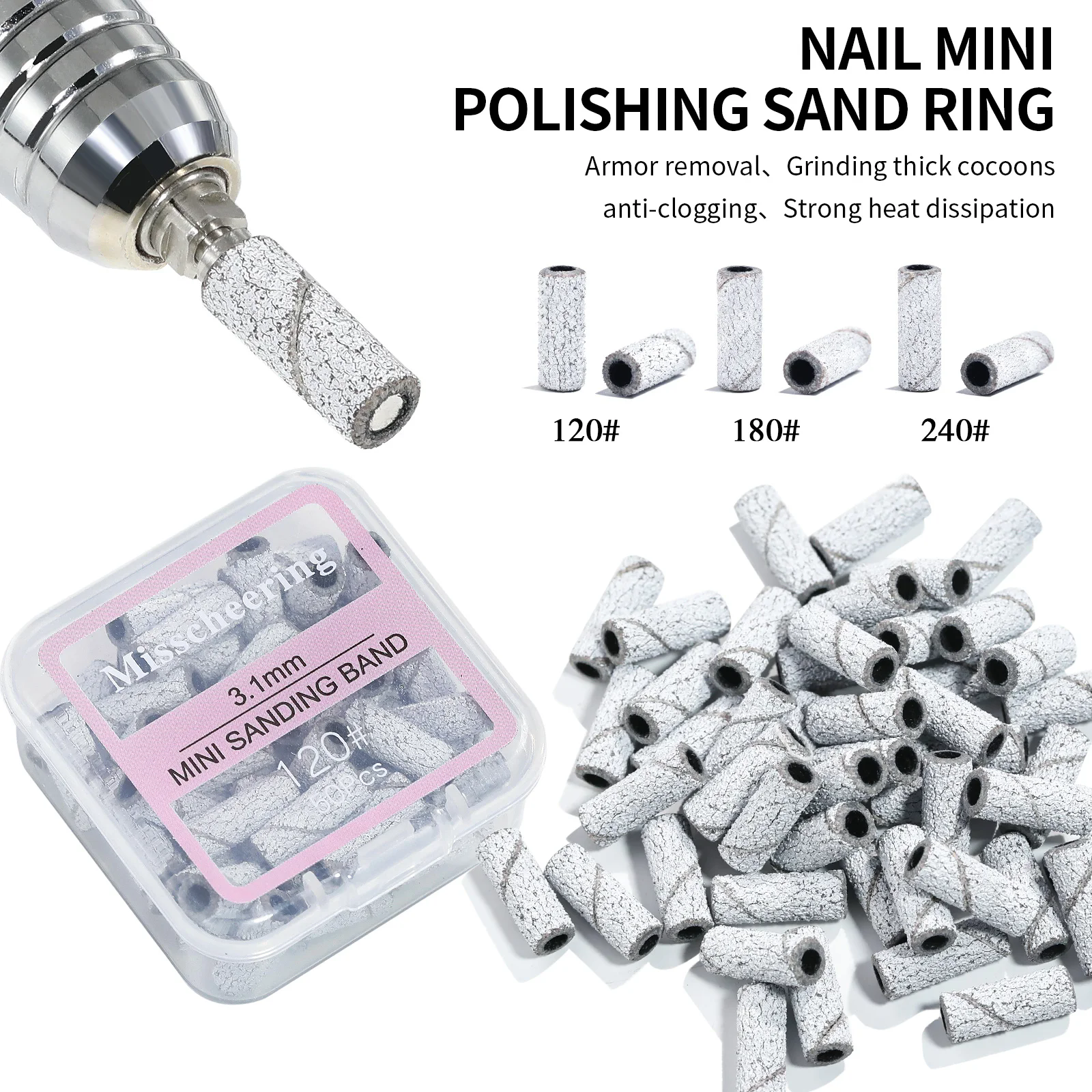 50Pc 3.1mm Mini Nail Sanding Bands 120# 80# 240# Cuticle Polishing Sand Ring Stainless Steel Nail Drill Bit Gel Remove Tools Set