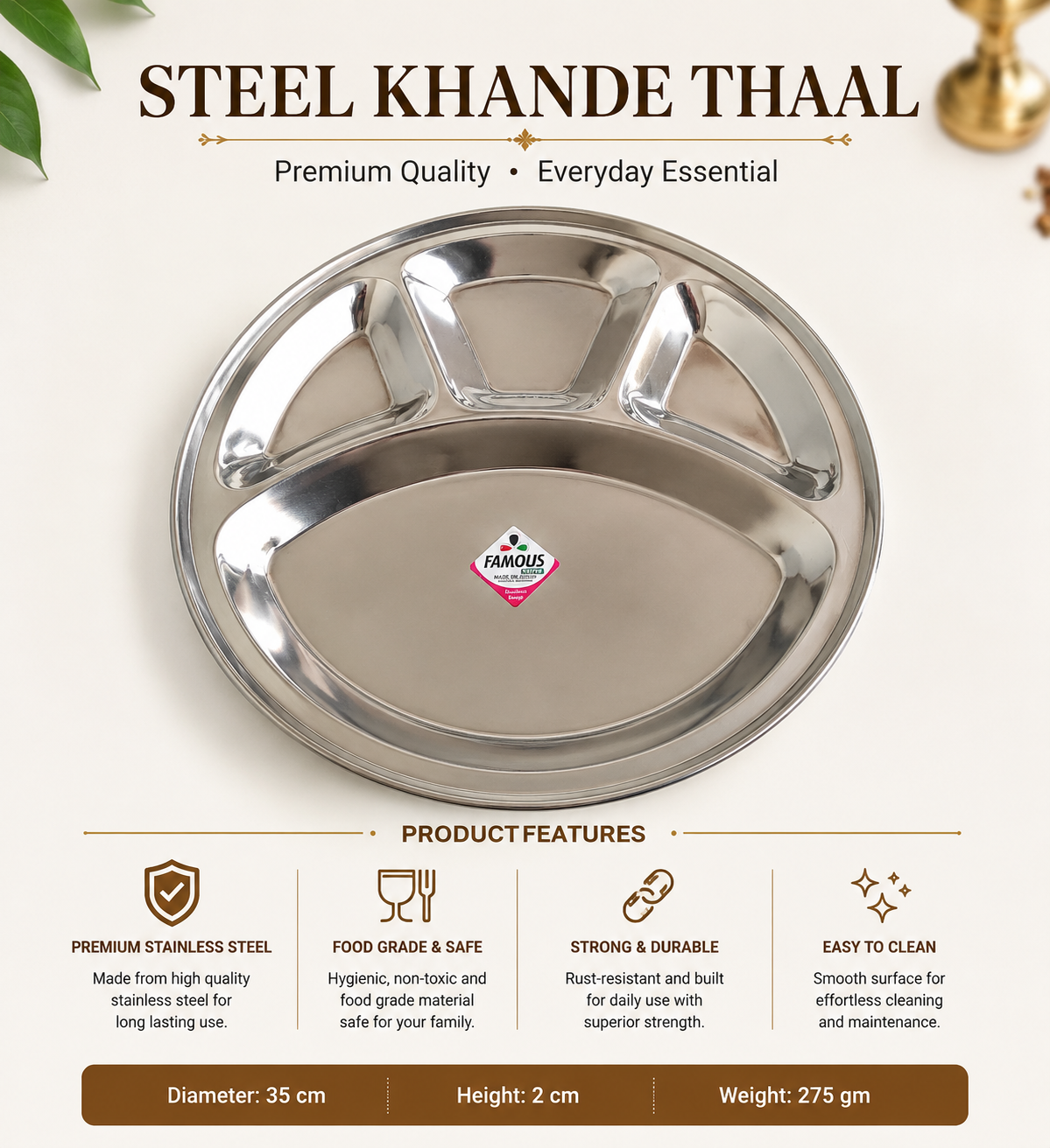 Stainless Steel khande Thal /Life Time Guaranted/D:35cm/H:2cm/W:275gram