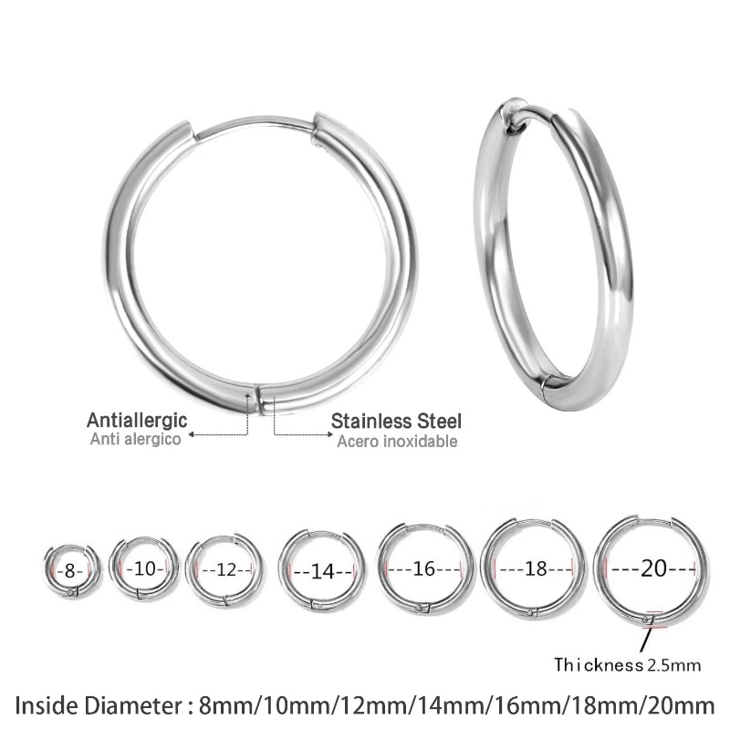 2Pcs Small Hoop Earrings for Women Men, Stainless Steel Small Hoop Earrings Silver Color Round Circle Pendientes Fashion Jewelry