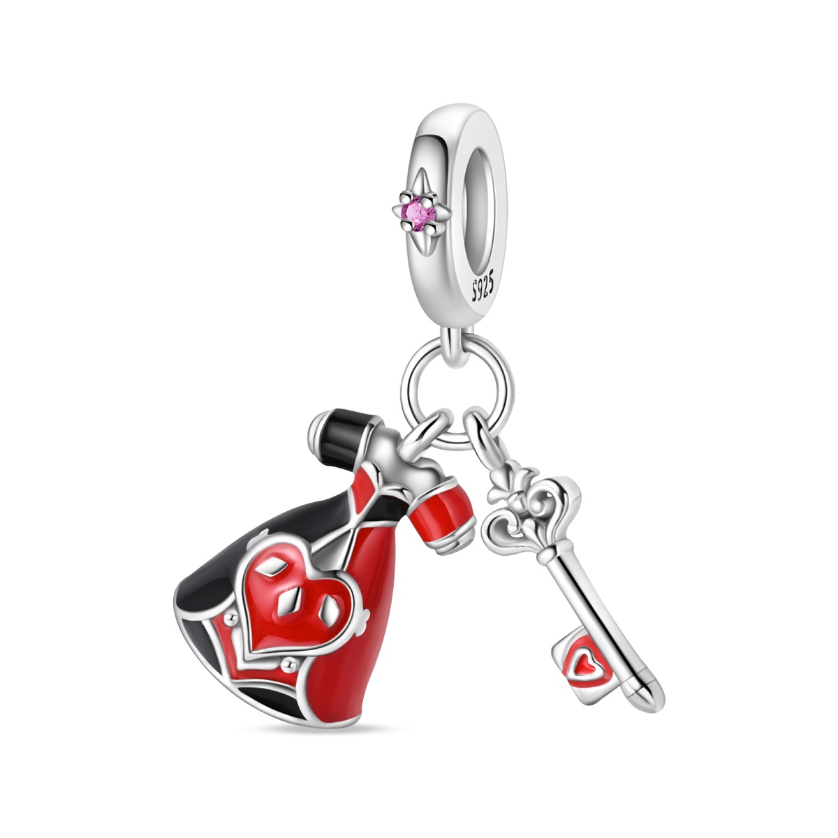 Plated 925 Silver Alice in Wonderland Heart Teapot & Key Charms Fit Original 925 Charms Bracelet Beads Jewelry Gifts for Women
