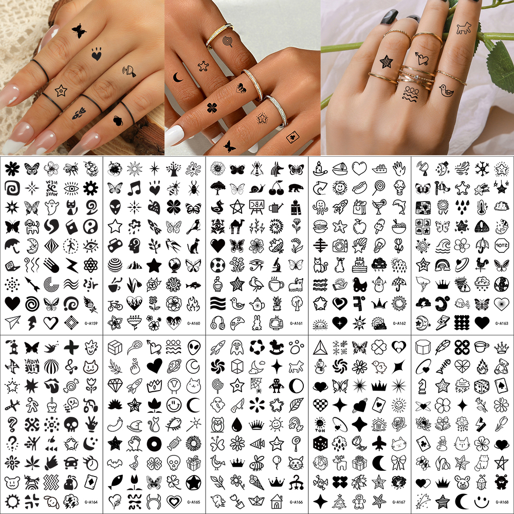 10 Sheets Waterproof Hand Tattoo for Women Men Temporary Finger Tattoos Small Cute Flowers Leaves Stars Moon Heart Fake Tattoo