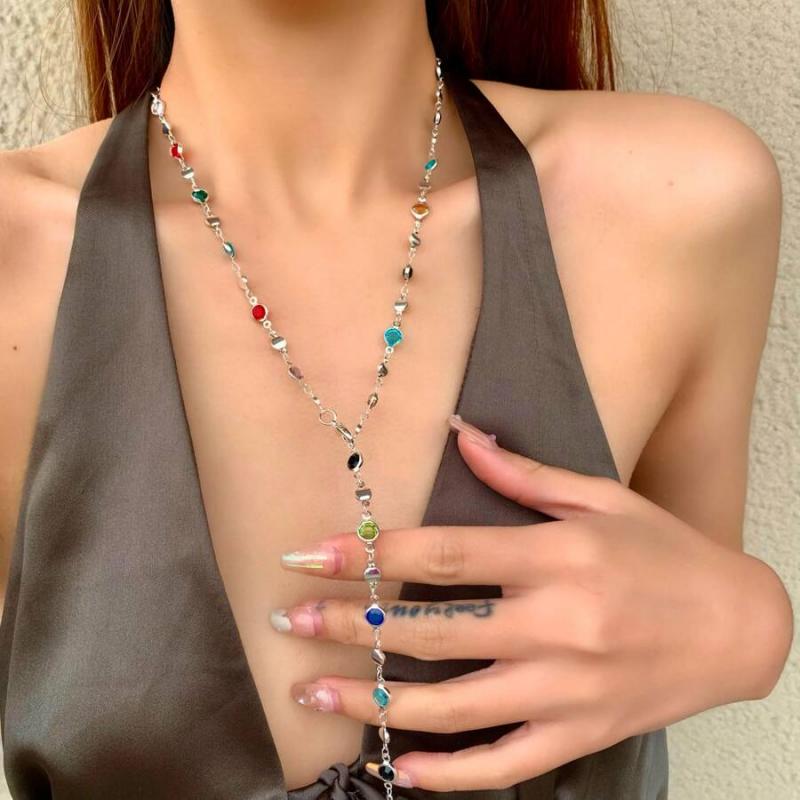 New Fashion Colorful Glass Long Y-Shaped Necklace Metal Collarbone Chain Gold Silver Color Summer Holiday Party Body Jewelry
