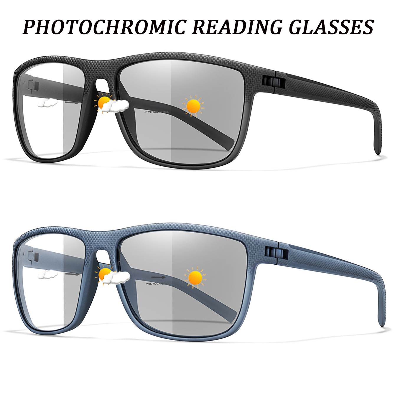 2 Pairs Photochromic Reading Glasses Classic Rectangular Anti-Blue Light Presbyopic Eyewear for Grandparents +150 +200 +300