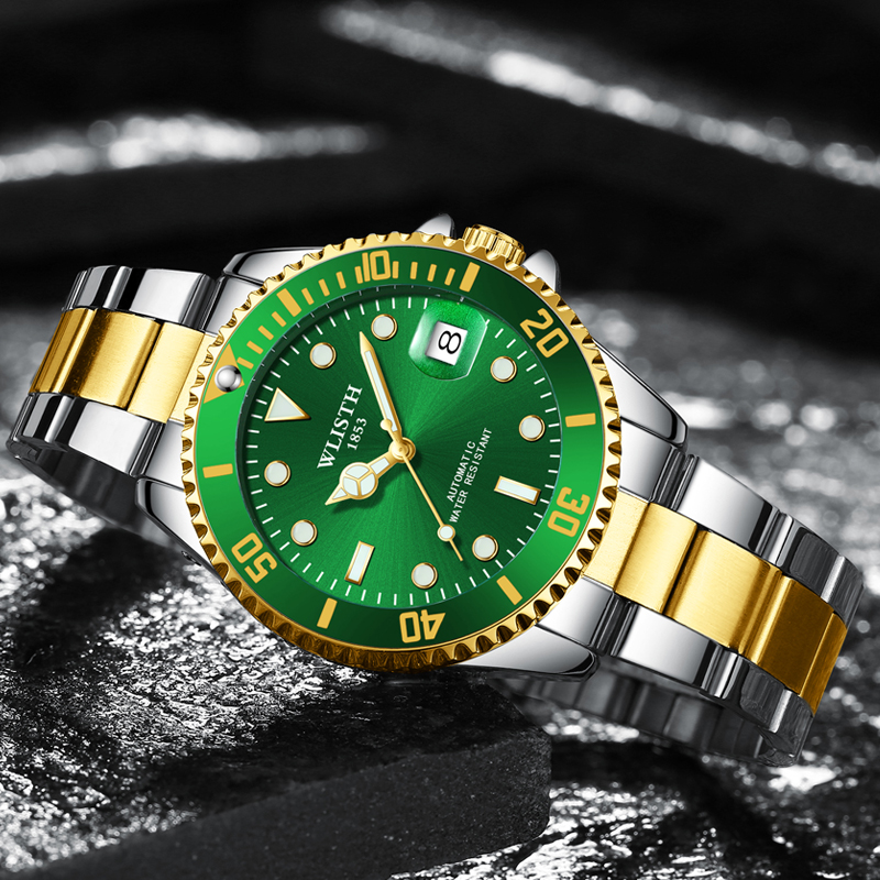 Wlisth Cross-border Supply Green Water Ghost Magnifying Glass Calendar Luminous Steel Belt Automatic Mechanical Men's Watch