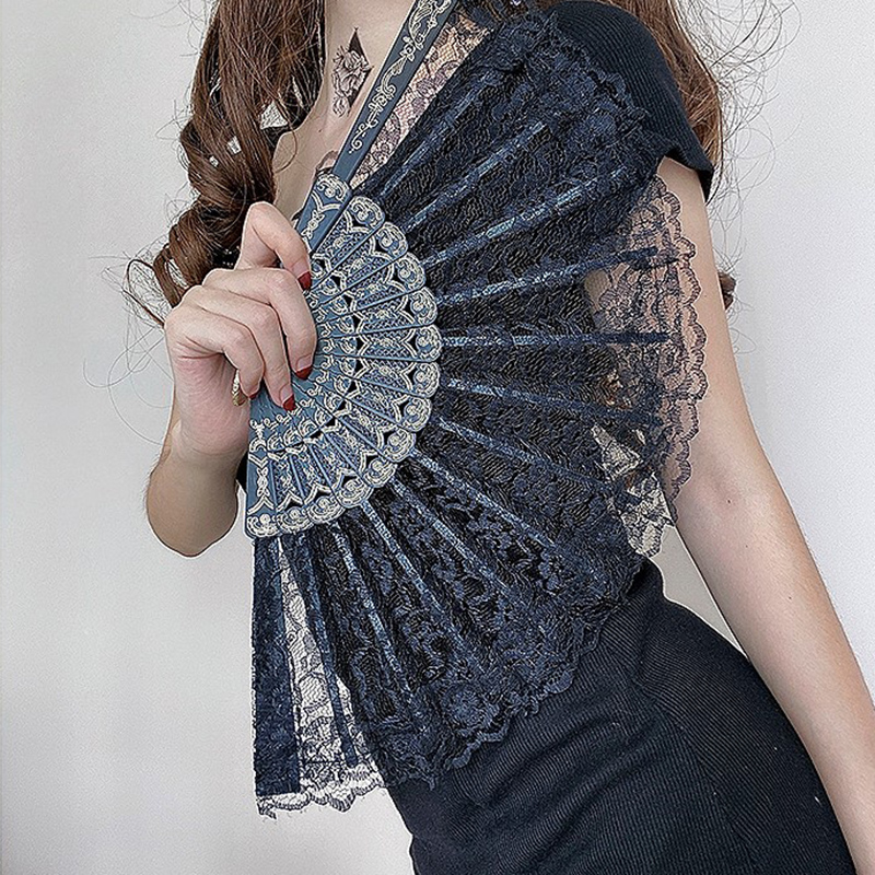ST 1pc Plastic and Lace Vintage Style Lace Folding Fan Chinese Japanese Pattern Art Craft Gift Decor