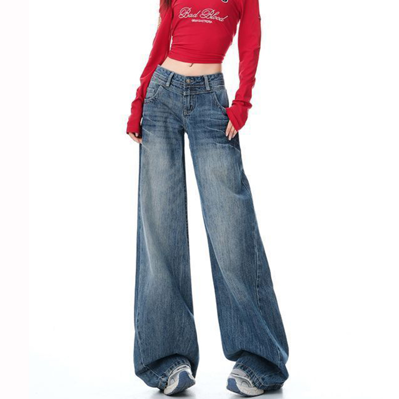New Lady Chic Vintage Solid Jeans Girls Fashion High Waist Denim Trousers Women Designer Ins Korean Wide Leg Pants