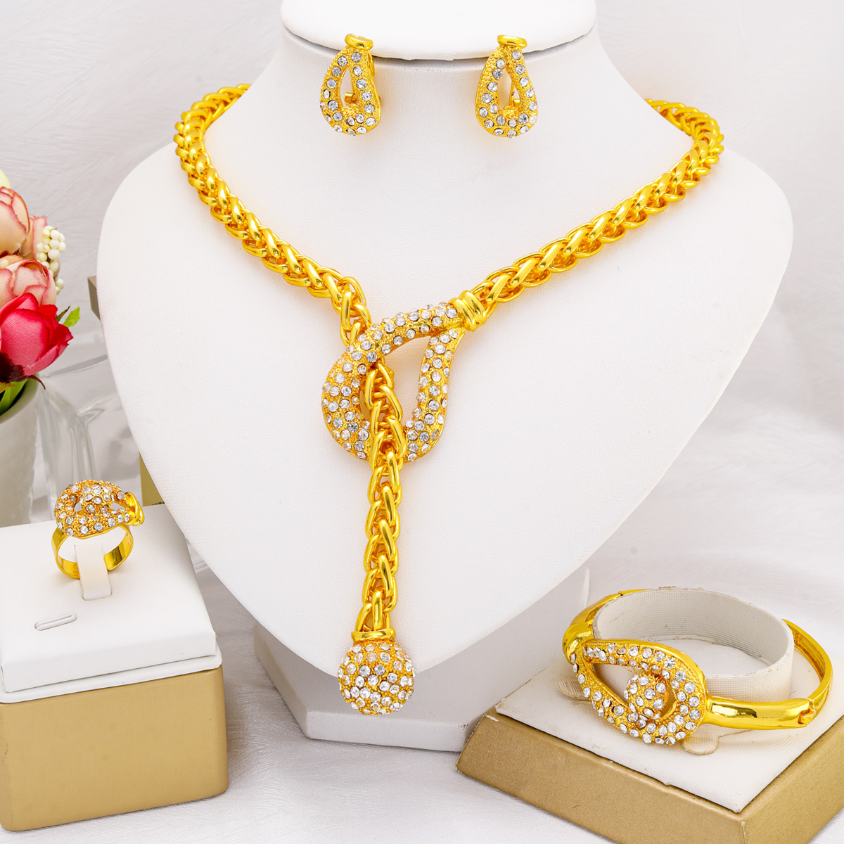 Liffly Luxury Dubai Gold Color Jewelry Sets for Women Necklace Bracelet Earrings Ring African Wedding Bridal Jewellery Set