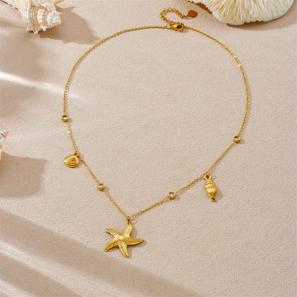 316 Stainless Steel Golden Starfish Pearl Ocean Wind Fringe Pendant Necklace Lady New Trend Neck Chain Jewelry
