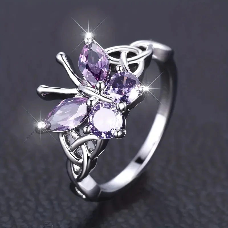 Huitan Romantic Purple Butterfly Rings for Women Charming Purple Cubic Zirconia Aesthetic Female Rings Party Fashion Jewelry