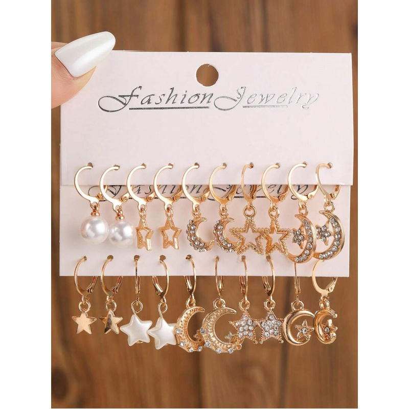5 Pairs Elegant Luxury Star & Moon Pendant Earring Set, Daily, Date, Party Accessories For Women