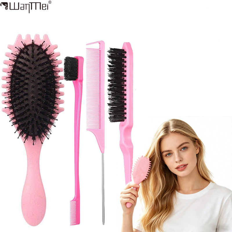 4Pcs Hair Brush Set Boar Bristle Curl Defining Brush Detangling Cushion Brush, Rat Tail Comb & Edge Brush for Curly Hair Styling