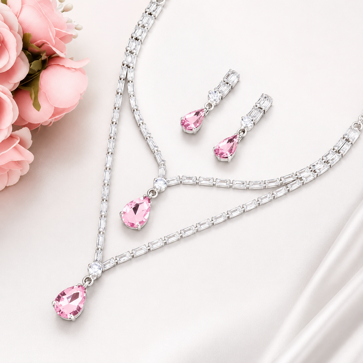 Elegant Pink Crystal Jewelry Set Perfect For Wedding Parties Gifting And Everyday Elegance