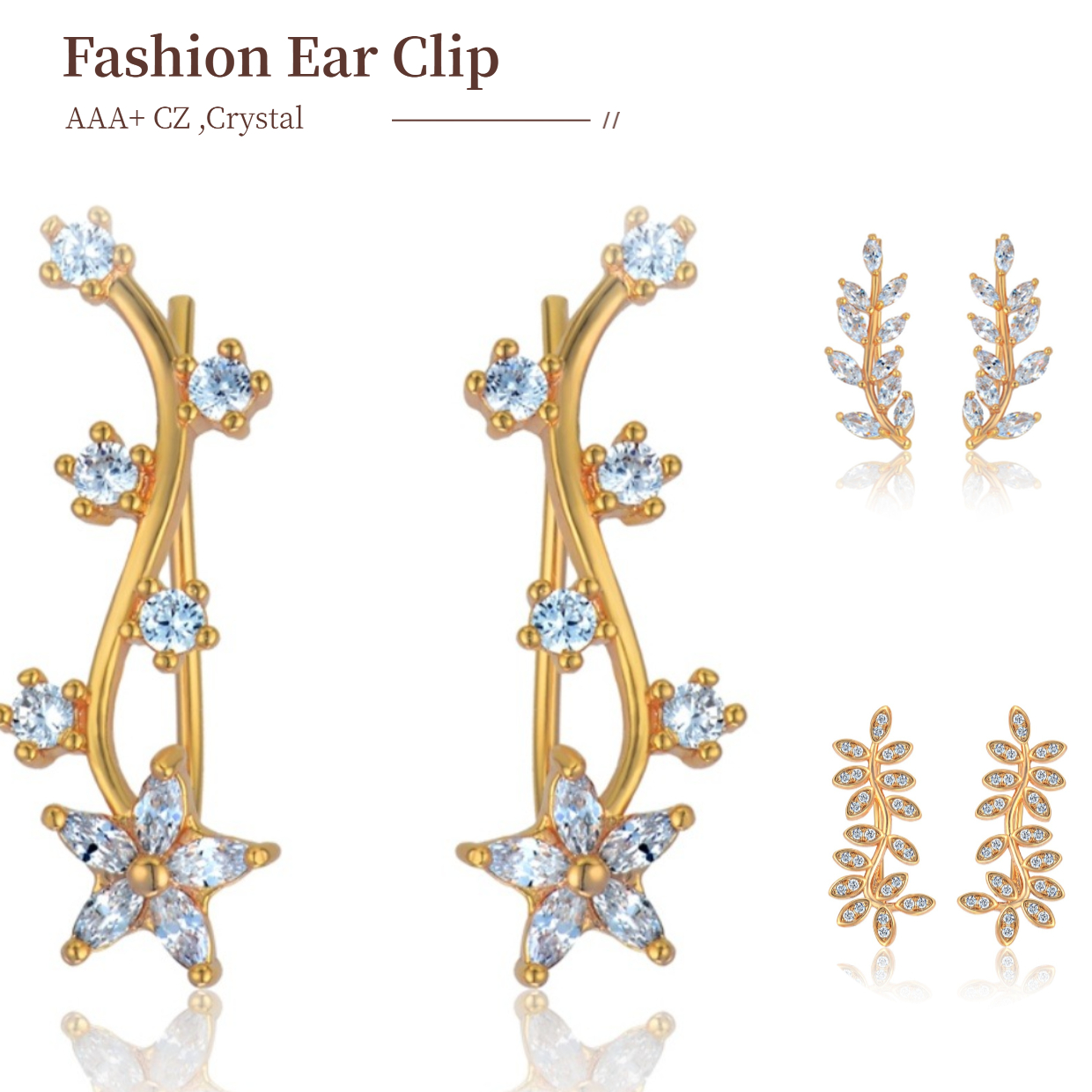 1 Pair AAA Rhinestone Star Clip Earrings for Women Gold Color CZ Zircon Ear Cuff Fake Piercing Ear Clips Jewelry