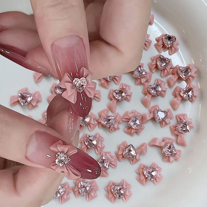 10 Pcs 3D Resin Bowknot Nail Charms Pink Ribbon Bow Rhinestone Jewelry Parts Manicure Decor DiIY Salon Accessory Gift